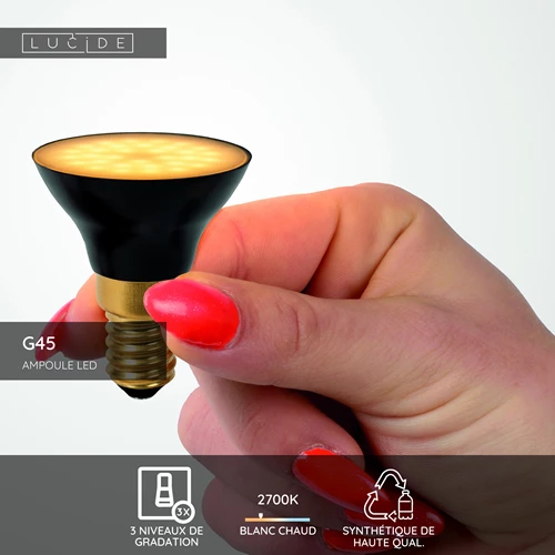 Lucide G45 - Ampoule led - Ø 4,3 cm - LED 3 StepDim - E14 - 1x5W 2700K - Noir - USP